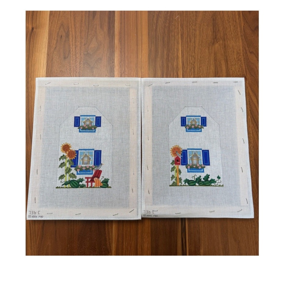VTG Melissa Shirley Needlepoint Canvas Set‎ of 2 Garden House Sunflowers Good